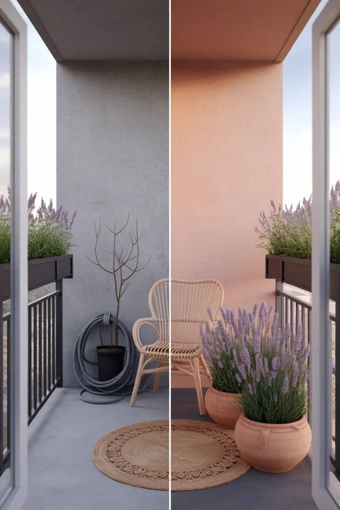 Before and after of a bare concrete balcony transformed into a small cottage garden with pots and a chair.