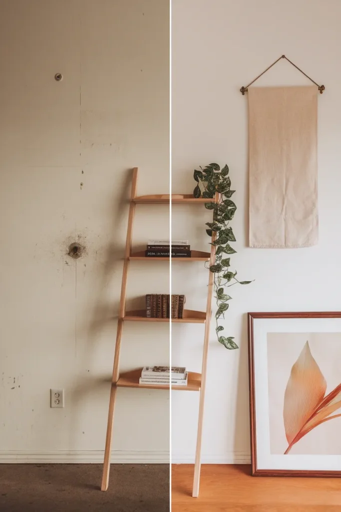Before and after of a bare rental wall styled with a leaning ladder shelf and propped art,