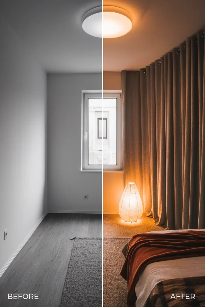 Before and after of a bedroom corner bare cold-lit wall versus warm lamplit autumn styling.