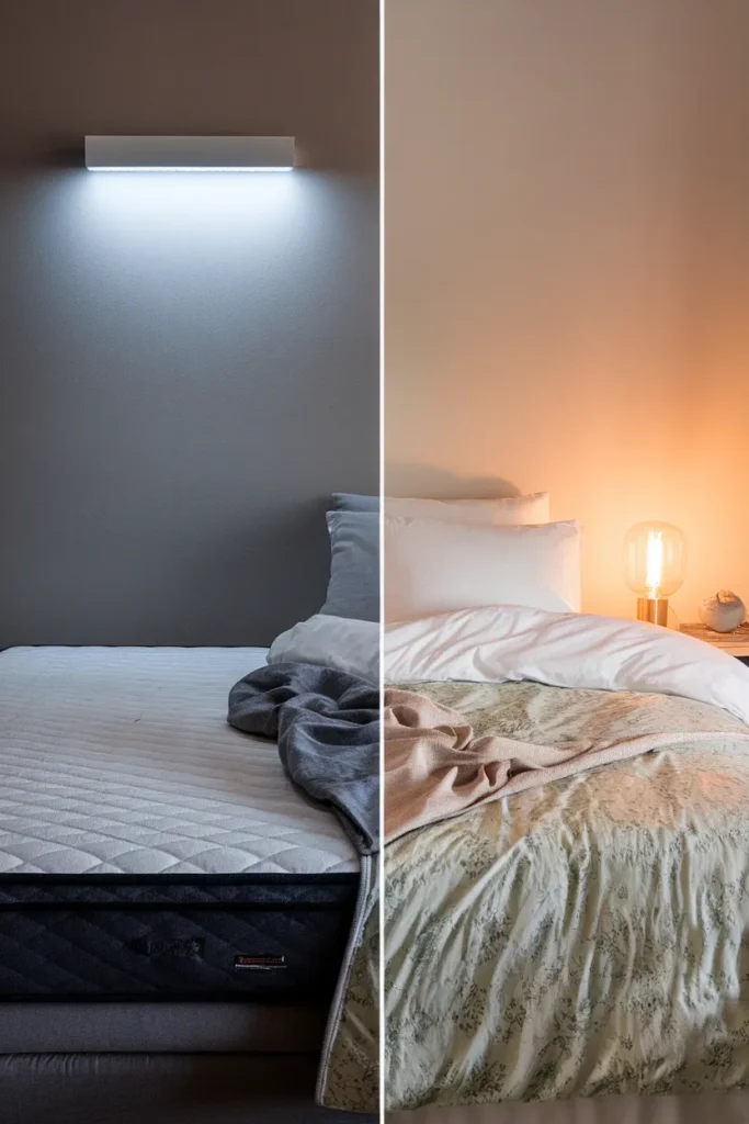 Before and after of a bedroom corner showing plain bedding replaced with sage floral quilt