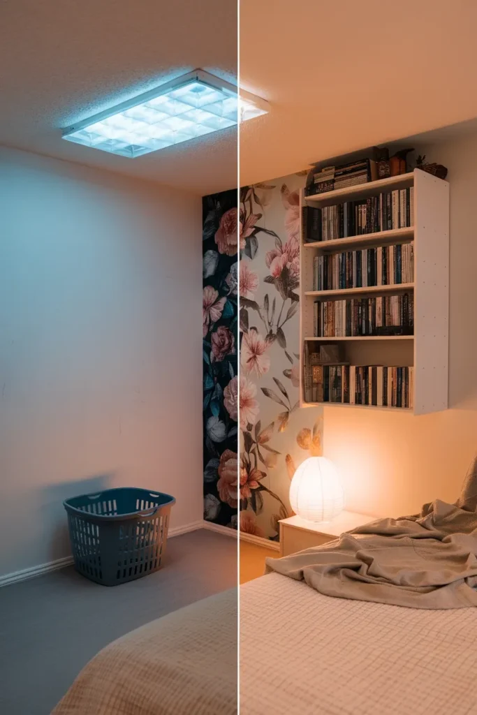 Before and after of a bedroom corner transformed with warm lighting, florals, and linen layers.