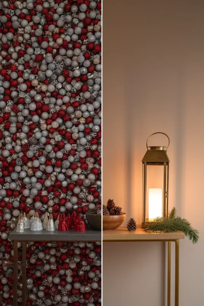 Before and after of a cluttered console versus an edited one with lantern, pinecones and cedar.