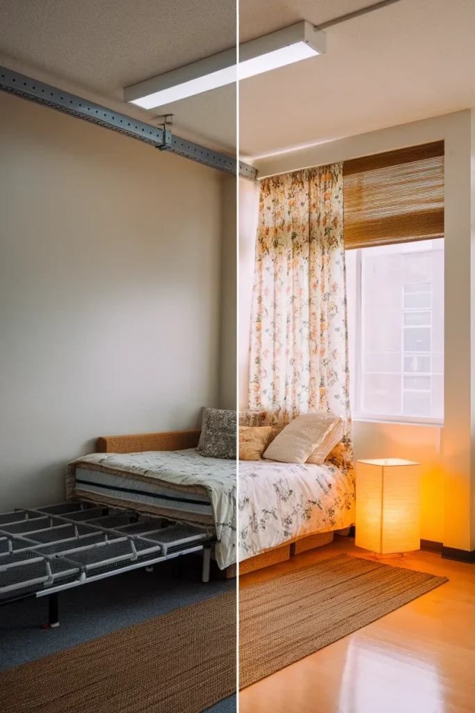 Before and after of a cottagecore dorm room corner shot from the same spot in matched daylight.