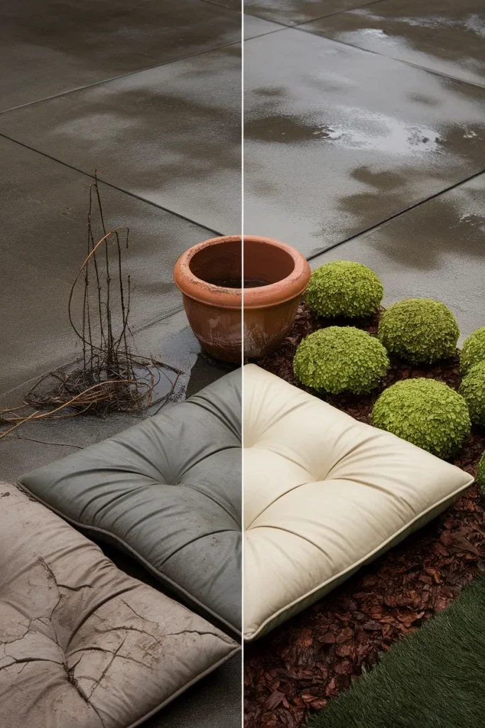 Before and after of a cottagecore patio corner showing a faded cracked setup next to a refreshed one.
