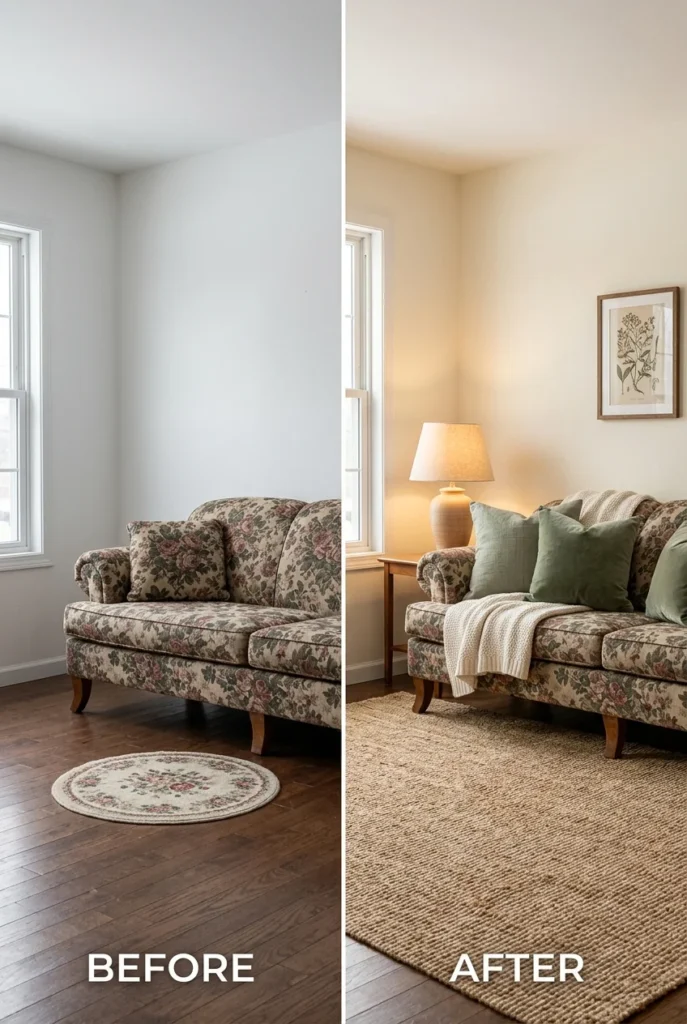 Before and after of a floral sofa corner showing rug size and warm color changes.