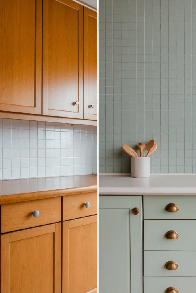 Before and after of a kitchen corner going from honey oak cabinets to muted sage with brass pulls.