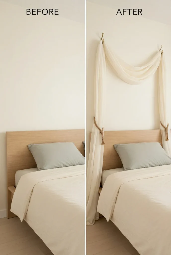 Before and after of a plain bed transformed with a two-hook sheer canopy swag and jute ties.