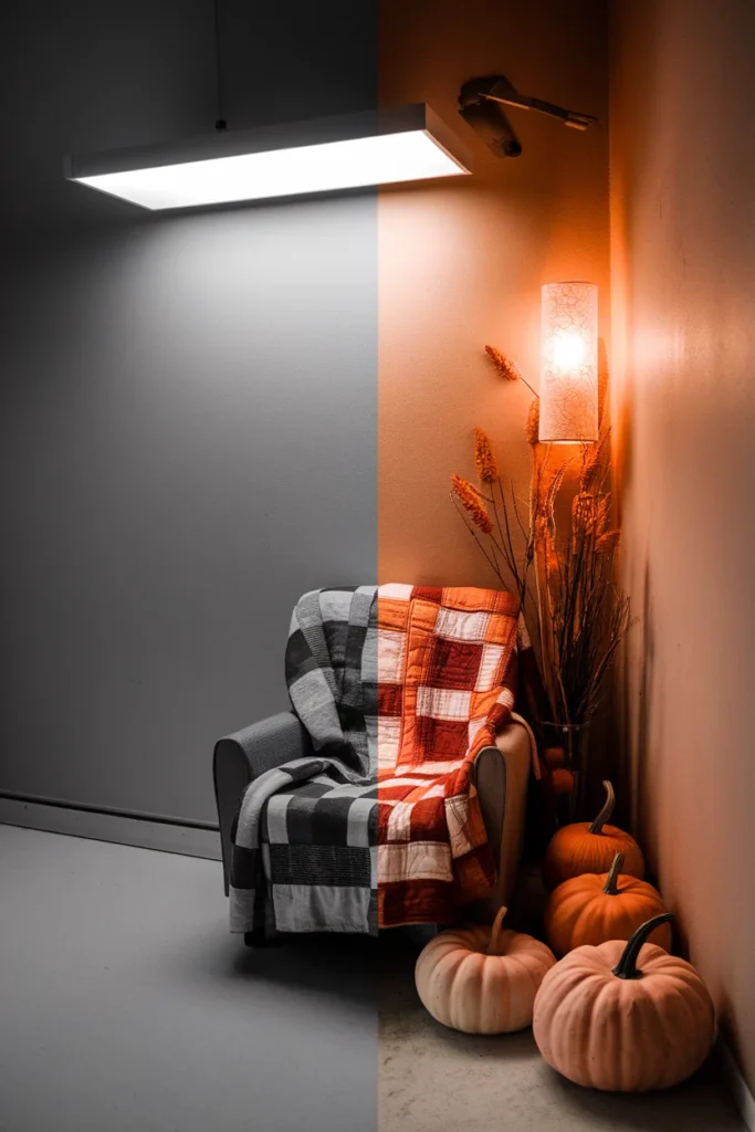 Before and after of a plain corner transformed into a cottagecore fall reading nook.