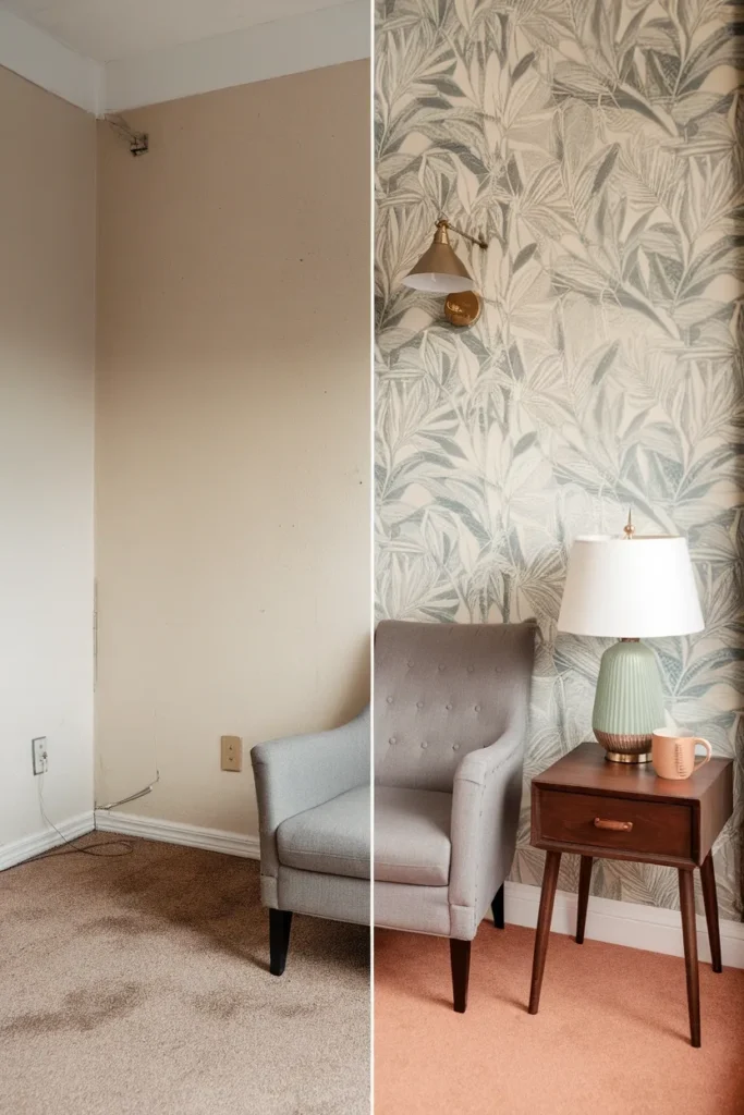 Before and after of a rental corner transformed with peel-and-stick wallpaper and a plug-in sconce.