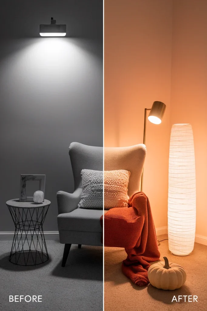 Before and after of a small apartment fall decor corner with warm lighting and textiles.