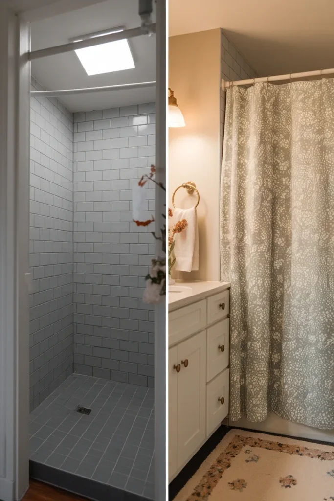 Before and after of a small bathroom transformed with a floral shower curtain and warm lighting