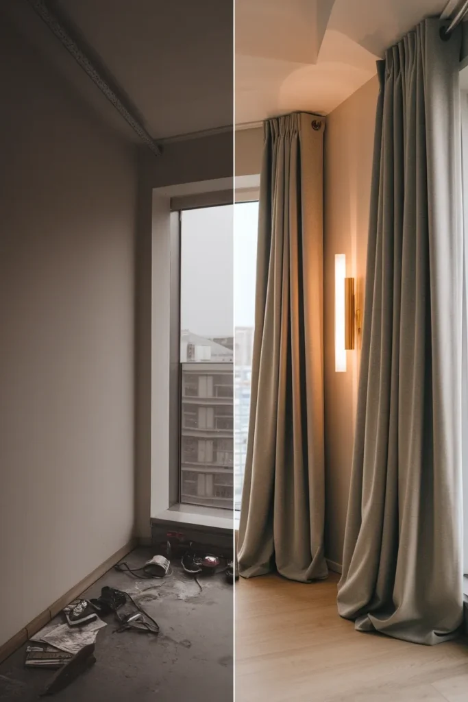 Before and after of a small bedroom corner showing high curtains, a sconce, and a cleared floor.