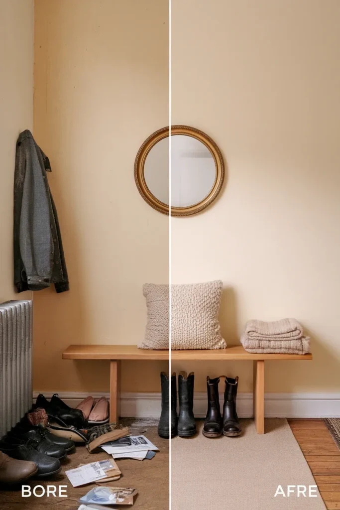 Before and after of a small entryway wall shoe pile versus bench, mirror, and cushion.