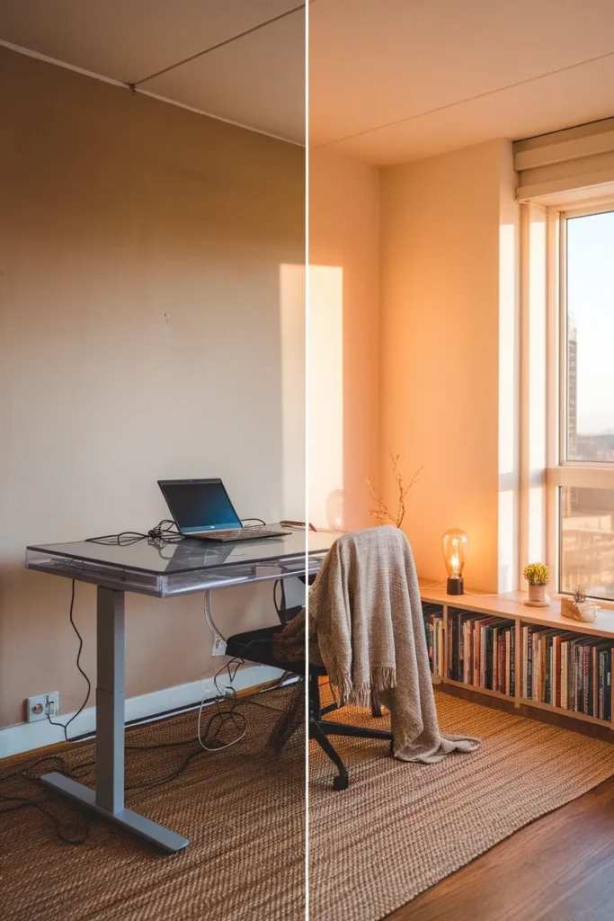 Before and after of a small home office corner with warm lighting, a jute rug, and a bookcase added.