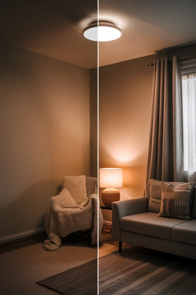 Before and after of a small living room corner showing cold ceiling light versus warm 2700K lamp light.