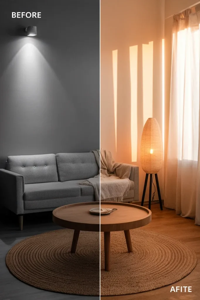 Before and after of a small living room corner with a round coffee table, rug, and lamp added.