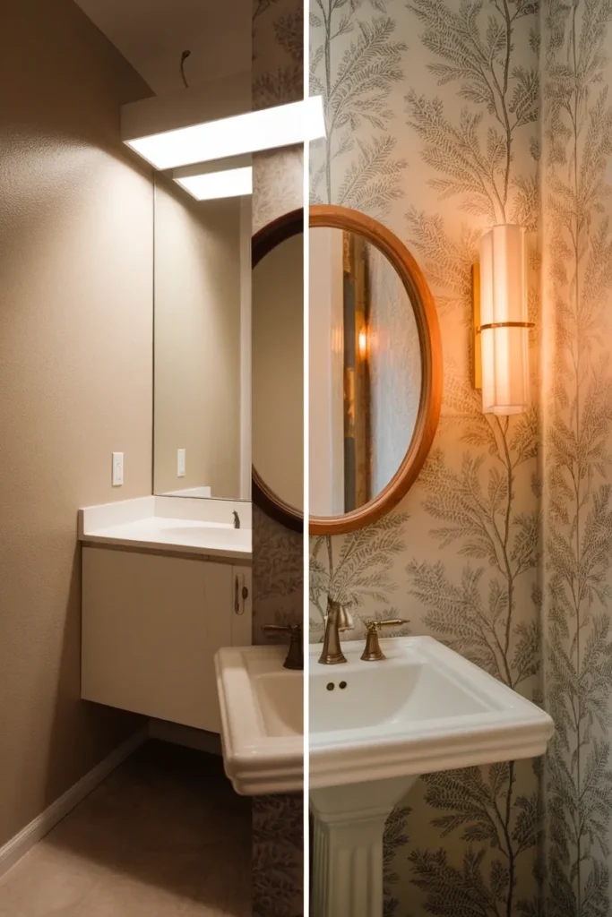 Before and after of a tiny powder room updated with cottage wallpaper and a pedestal sink. Cottage Powder Room Ideas