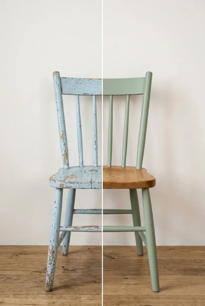 Before and after of a wooden side chair, chipped blue paint refinished in matte sage green.