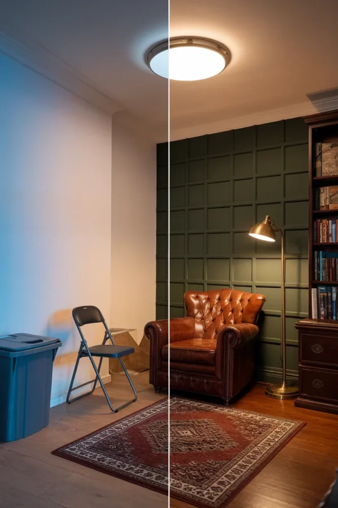 Before and after of an apartment corner, bare under ceiling light versus warm dark academia lamp light.