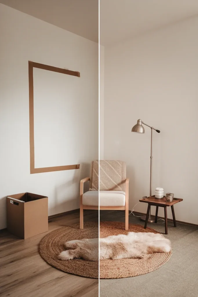 Before and after of an empty apartment corner turned into a layered reading nook.