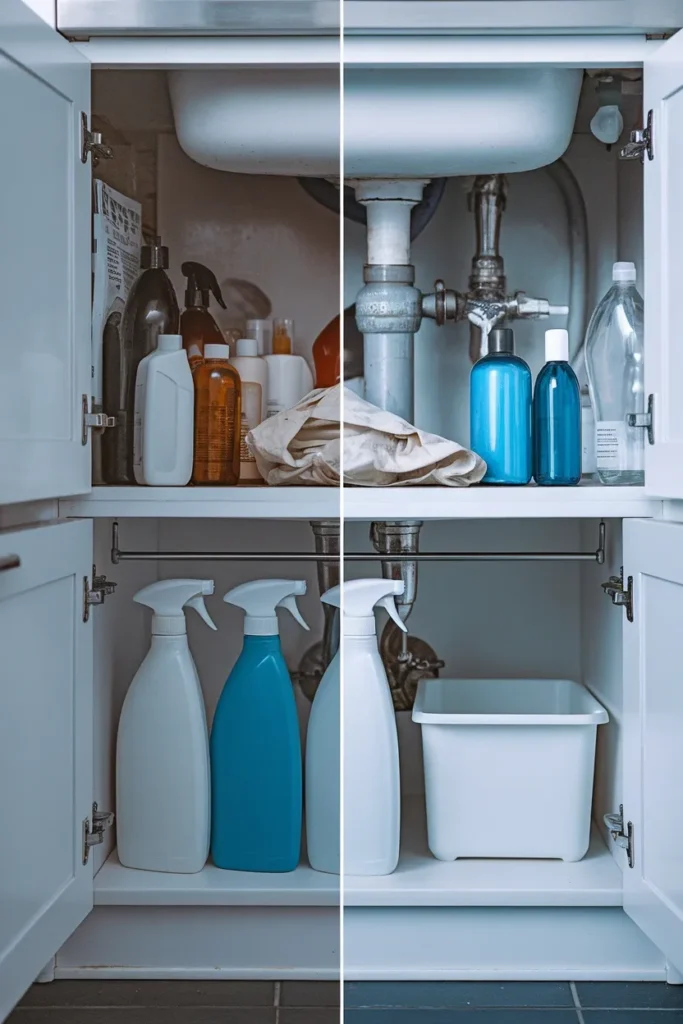 Before and after of an under sink cabinet organized with a tension rod and one white bin.