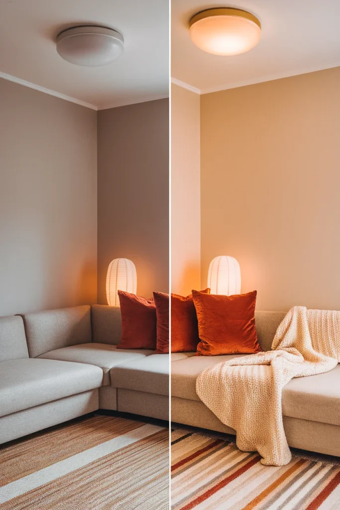 Before and after of the same living room corner showing a budget fall decor refresh.