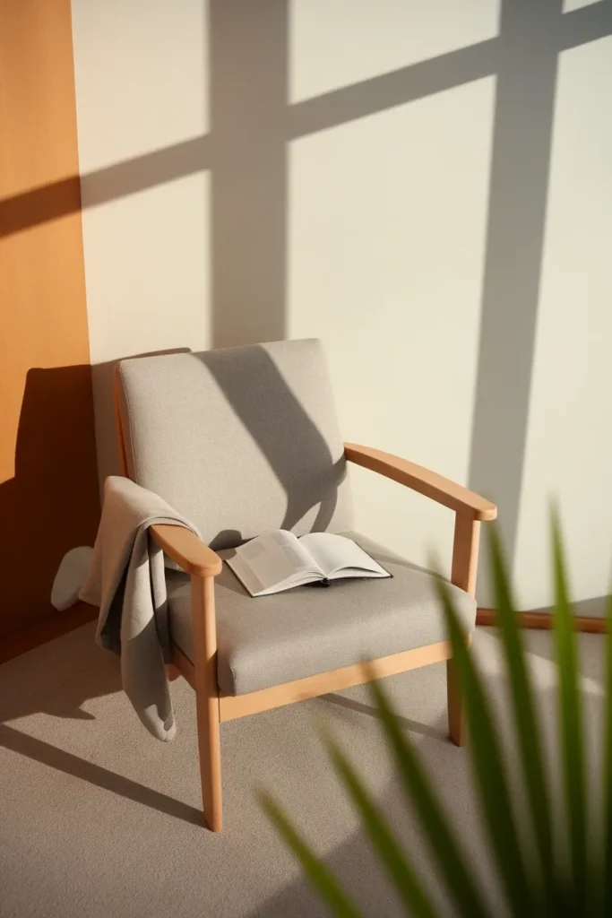 Birch armchair angled into a living room corner with a linen throw and an open book on the seat.