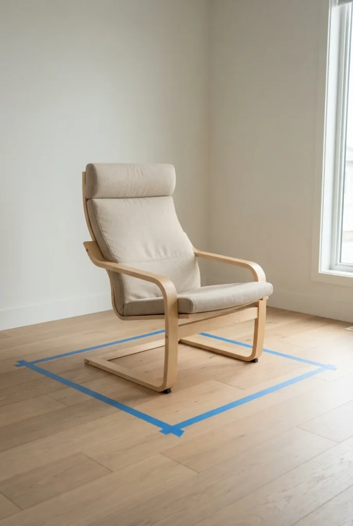 Birch armchair in a bare bedroom corner with painter's tape marking its floor footprint.