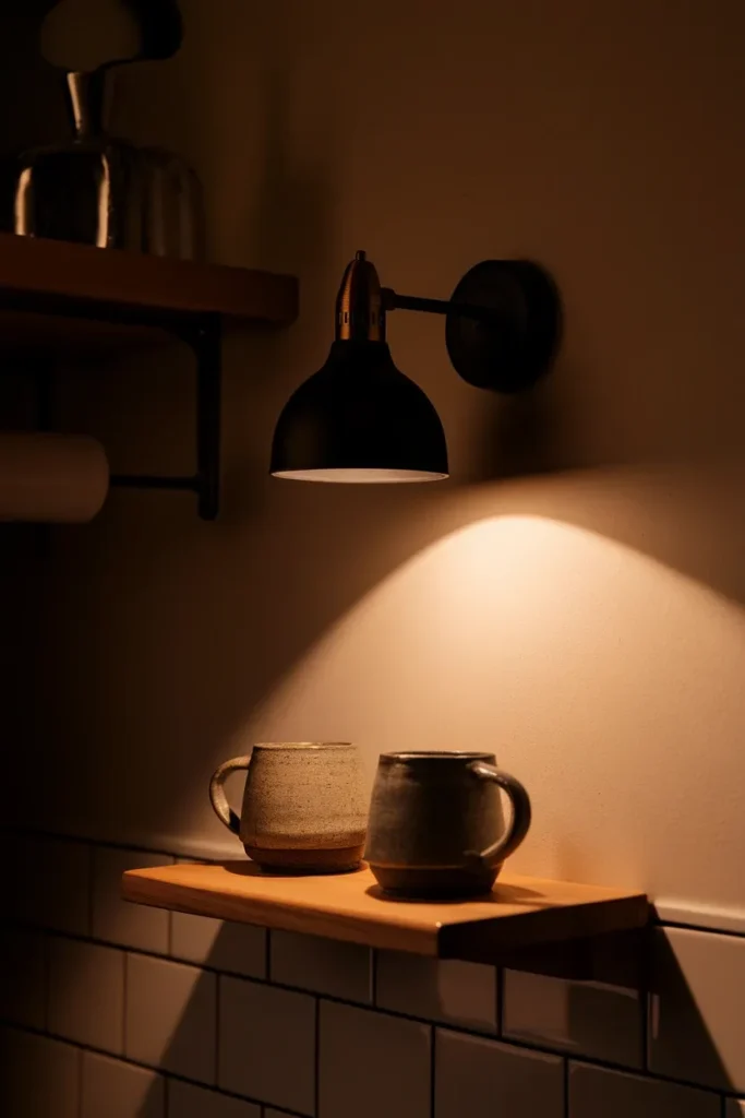 Black and brass plug-in sconce lighting a wooden kitchen shelf with warm 2700K light at night.