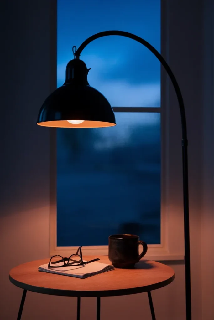 Black floor lamp arcing over an oak side table with a mug, blue hour light in the window behind.