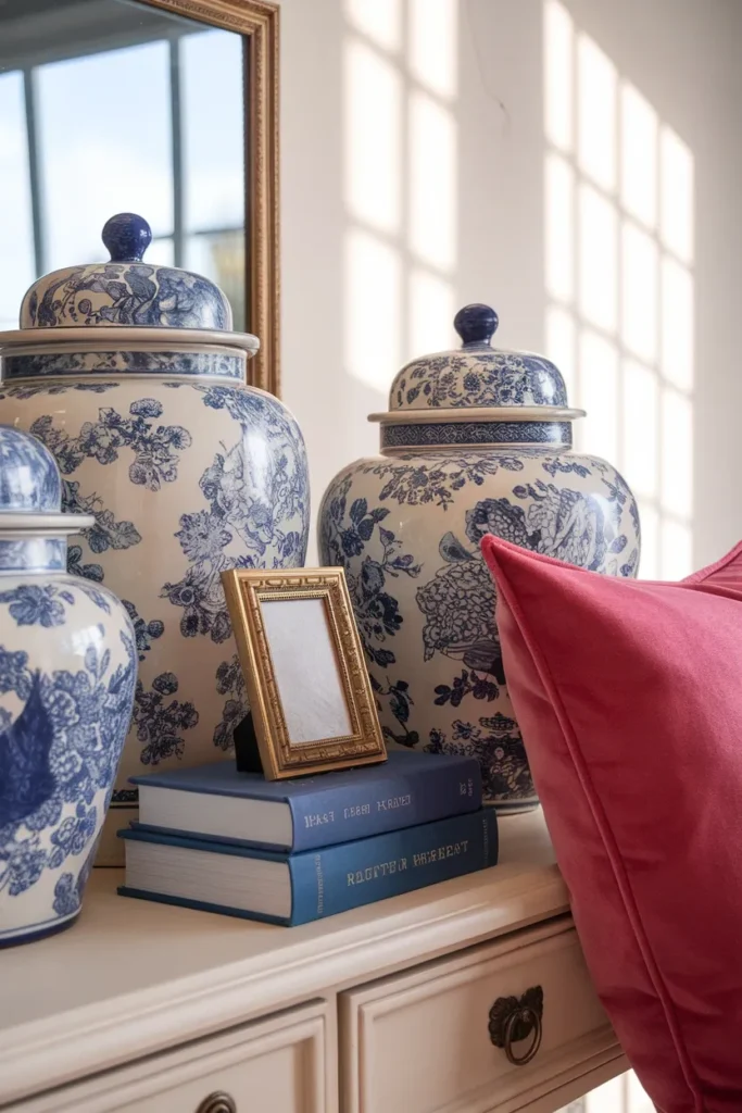 Blue and white grandmillennial vignette with ginger jars, books and one raspberry pink accent pillow.