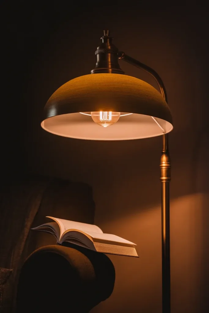 Brass floor lamp with warm 2700K bulb casting a pool of light on an open book.