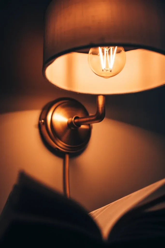 Brass plug in swing arm sconce with a warm 2700K bulb glowing over an open book at night.