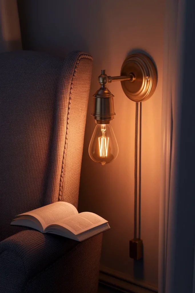 Brass plug-in swing-arm sconce with warm 2700K bulb beside a reading chair at dusk.