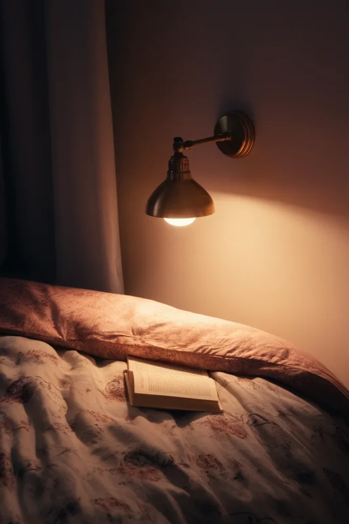 Brass swing-arm sconce at 2700K lighting a rose floral duvet and open book at night