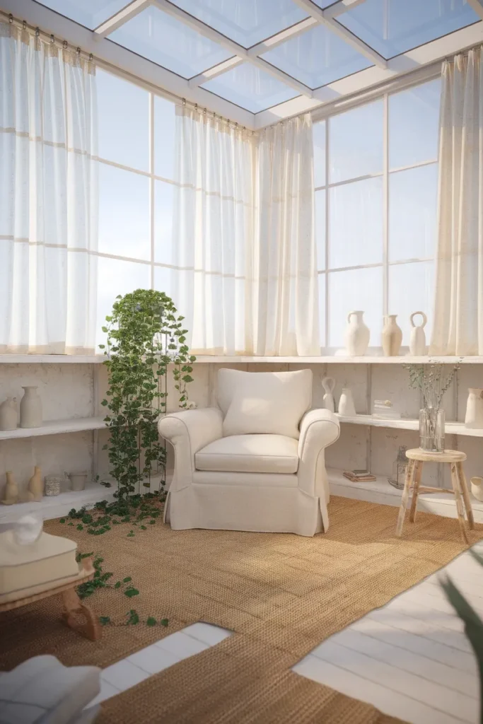 Bright sunroom with cream linen armchair, jute rug, ironstone jugs and trailing pothos.