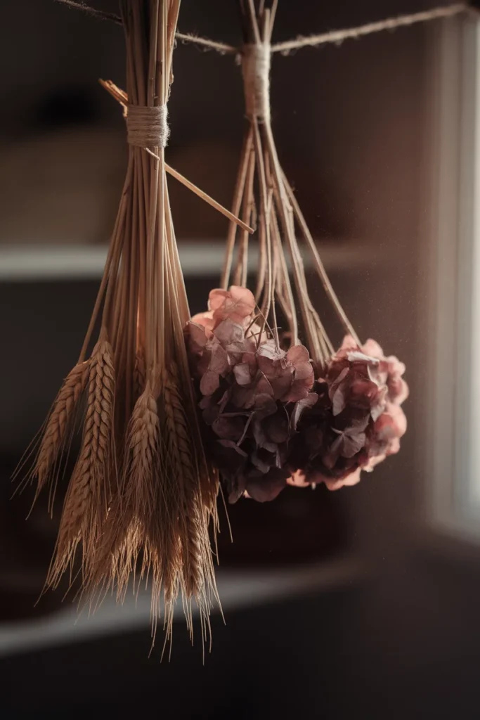 Bundles of wheat and dried hydrangea hanging upside down to dry in dim light.