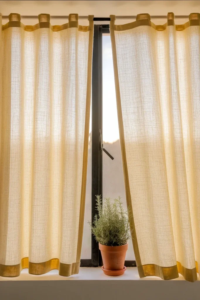 Butter yellow linen cafe curtains backlit on a black tension rod above a kitchen sill.