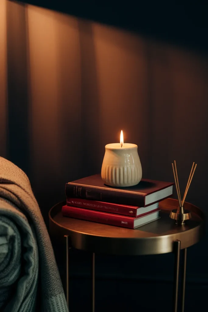 Candle on a stack of books with safe clearance beside a reed diffuser at night.