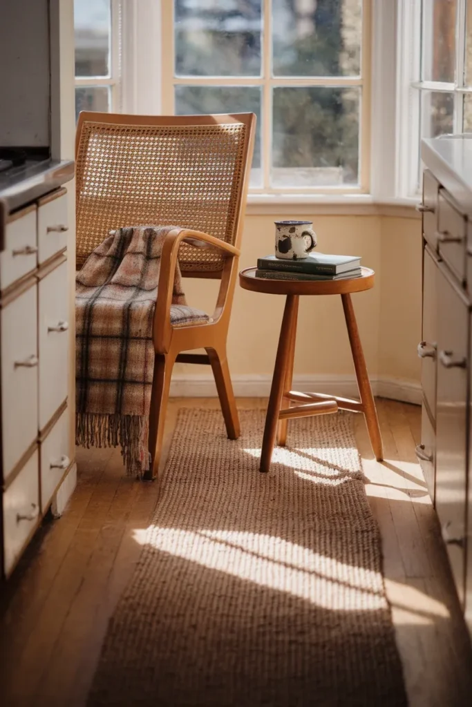Cane back armchair reading corner in a vintage kitchen with plaid throw and golden hour light.