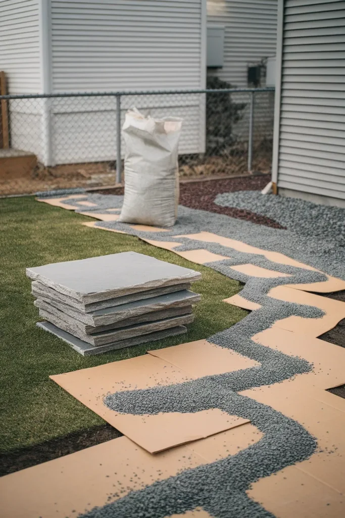 Cardboard and pea gravel no dig garden path being built on a small rental lawn.