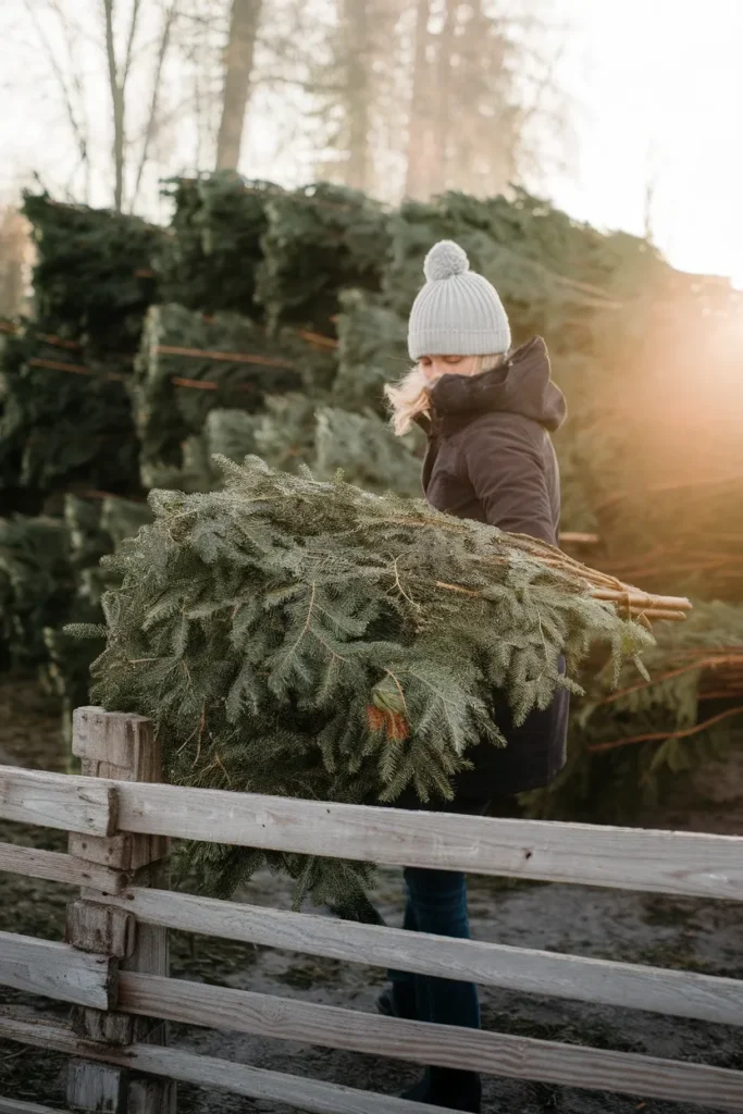Carrying free fir trimmings from a Christmas tree lot for cottagecore holiday greenery.