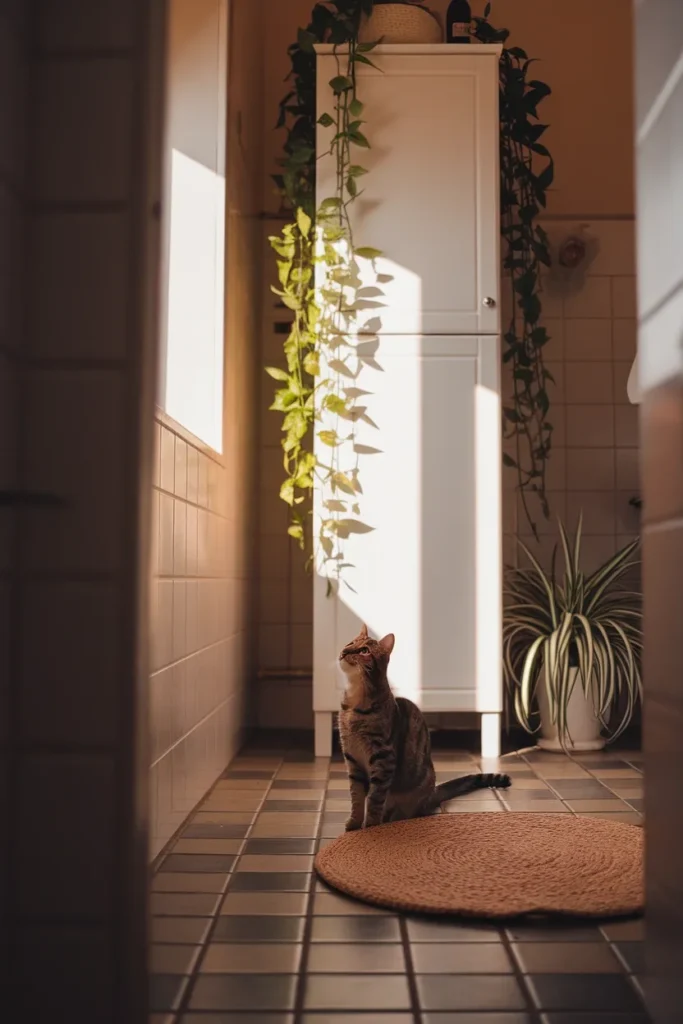 Cat on a bath mat looking up at a pothos placed high out of reach on a bathroom cabinet.