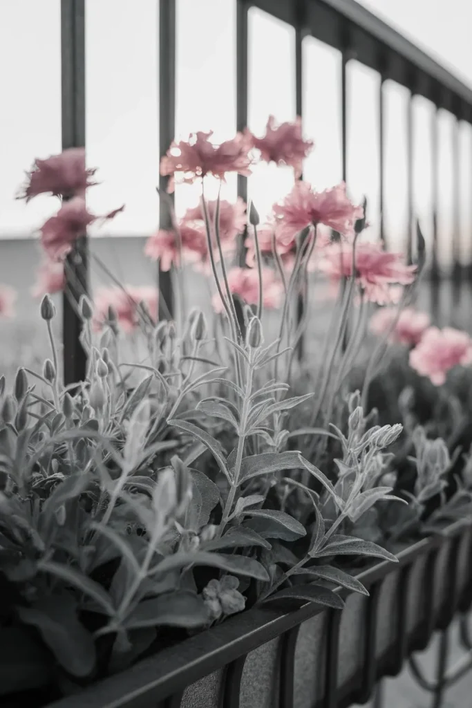 Catmint and pink dianthus in a balcony rail planter moving in a breeze, backlit.