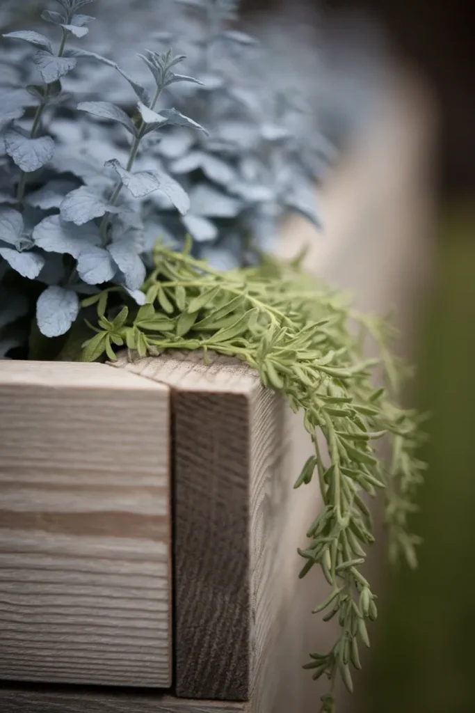 Catmint spilling over the corner of a cedar raised bed, showing the one-third spill rule up close.
