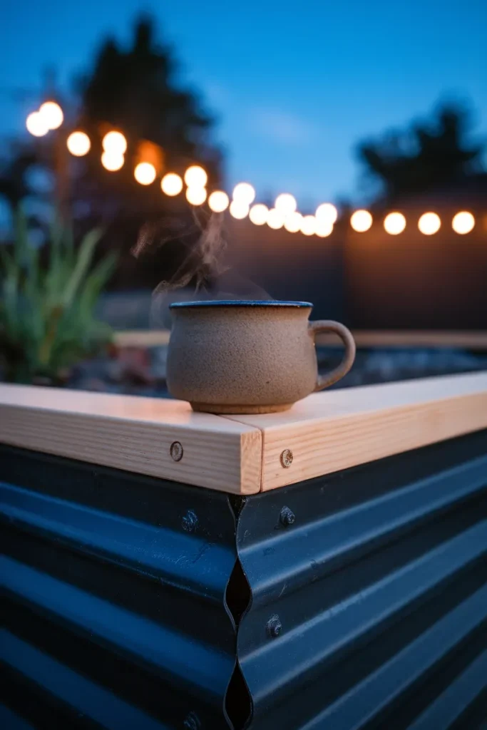 Cedar cap rail on a black corrugated metal raised bed with a mug of tea at dusk under warm string lights.