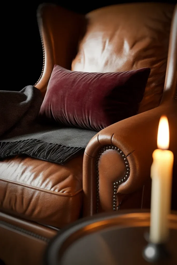 Charcoal wool throw and oxblood velvet pillow layered on a cognac leather chair in candlelight.