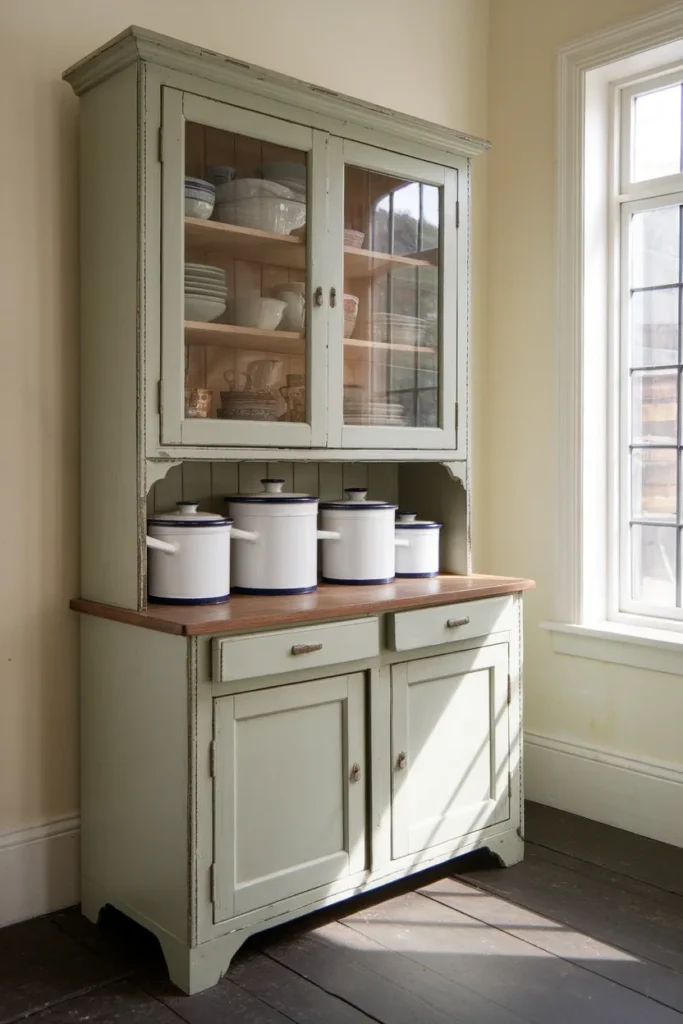 Chippy sage painted vintage hutch with glass doors holding mismatched crockery and enamelware.