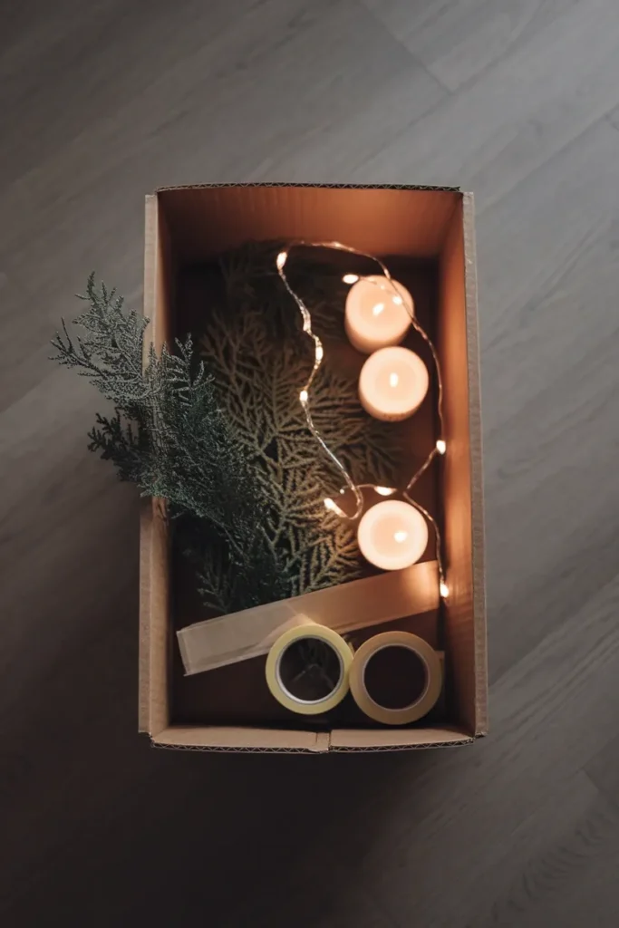 Christmas bedroom decor packed into one labeled storage bin in January.