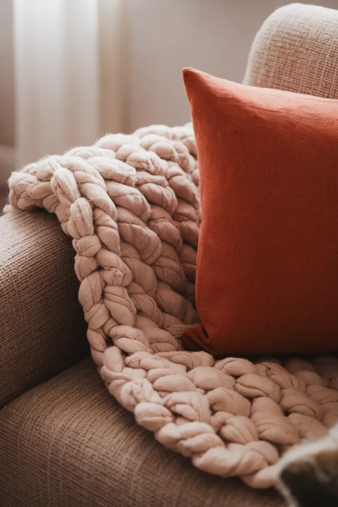 Chunky oatmeal wool throw and rust linen lumbar pillow layered on a small apartment loveseat.